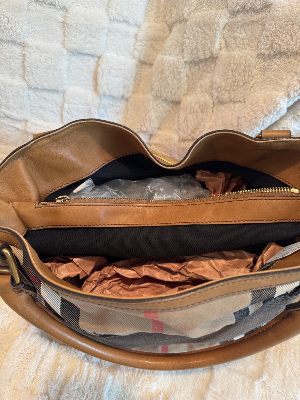 Burberry Beige Plaid and Brown Leather Satchel - Picture 13 of 15